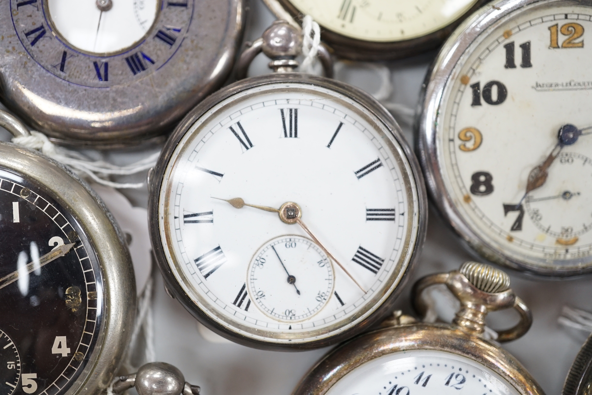 Fourteen assorted mainly base metal pocket watches including two Jaeger LeCoultre and a chronograph.